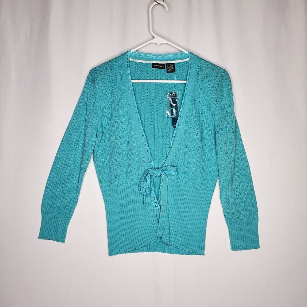 Field Gear Cable Knit Lace Trim Tie Cardigan Women Medium Jr‎ 3/4 Cotton Y2K